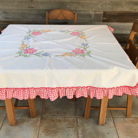 Vintage White Tablecloth with Pink and Blue Floral Design - Picture 2 of 6